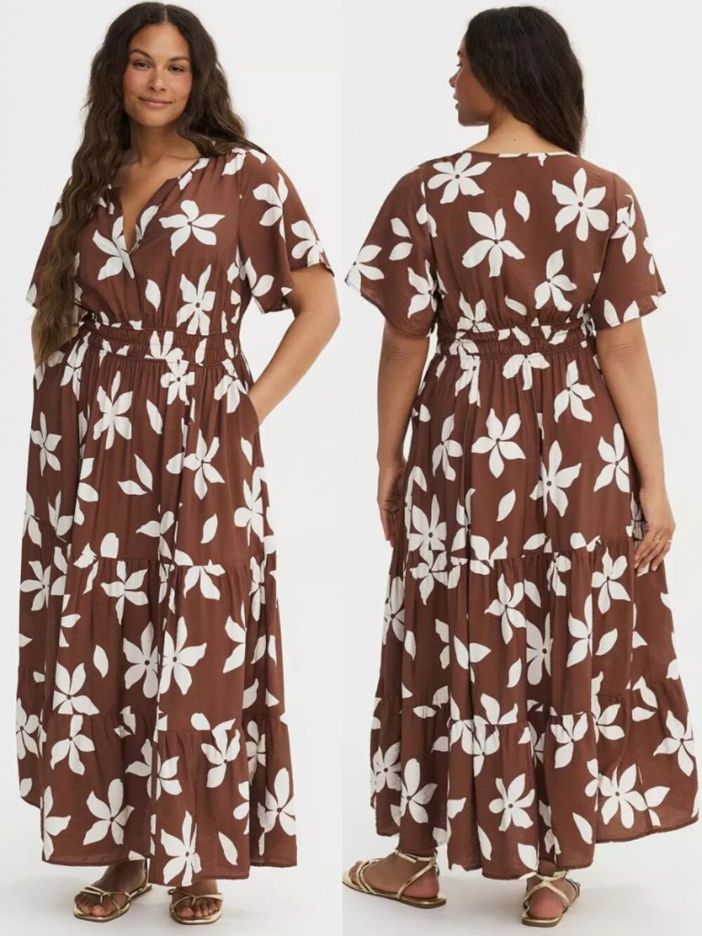 NWT Torrid 1 Floral Brown Y-Neck Tiered Maxi Dress 1X 14 16